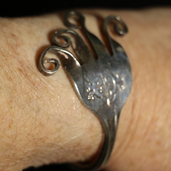 Sterling Silver Plated Bent Fork Cuff Bracelet – Upcycled Vintage Jewelry - Picture 9 of 10